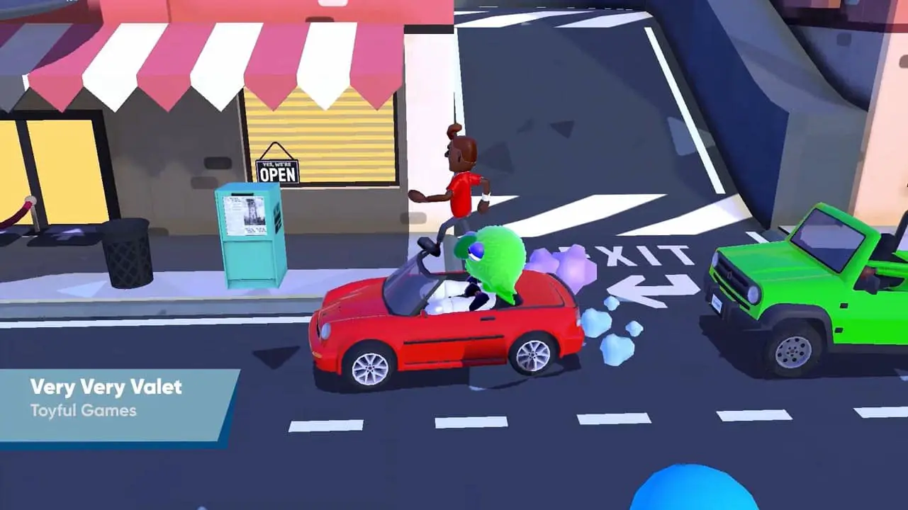 A green creature driving a read car around a corner