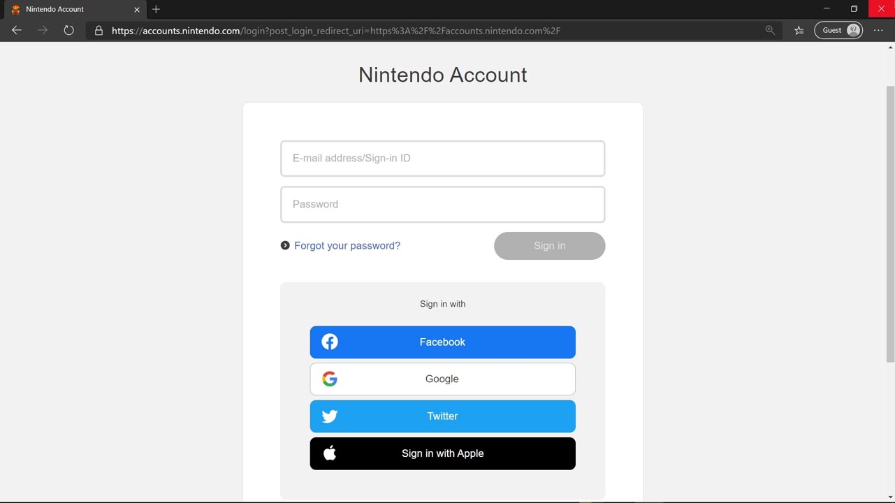 Gray screen with Nintendo Account creation details, fields, and information