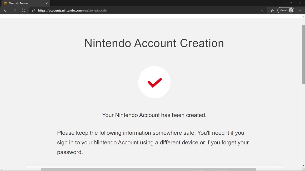 Gray screen with Nintendo Account creation details, fields, and information