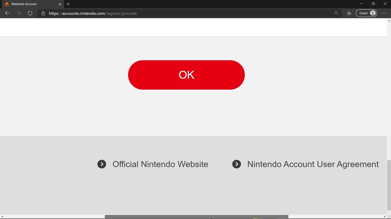 Gray screen with Nintendo Account creation details, fields, and information