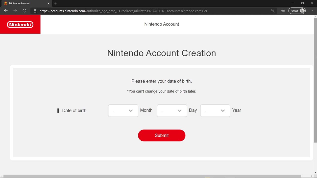 Gray screen with Nintendo Account creation details, fields, and information