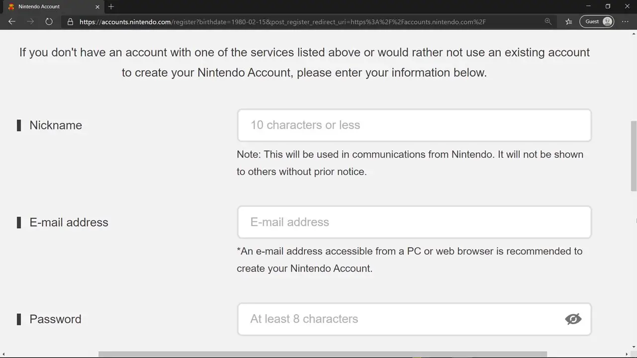 Gray screen with Nintendo Account creation details, fields, and information