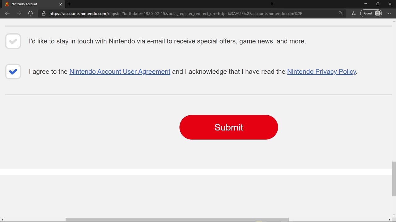 Gray screen with Nintendo Account creation details, fields, and information