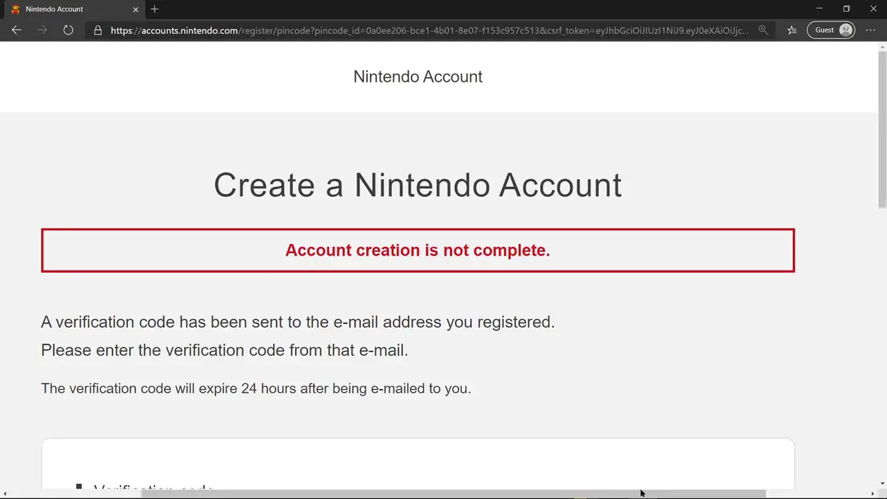 Gray screen with Nintendo Account creation details, fields, and information