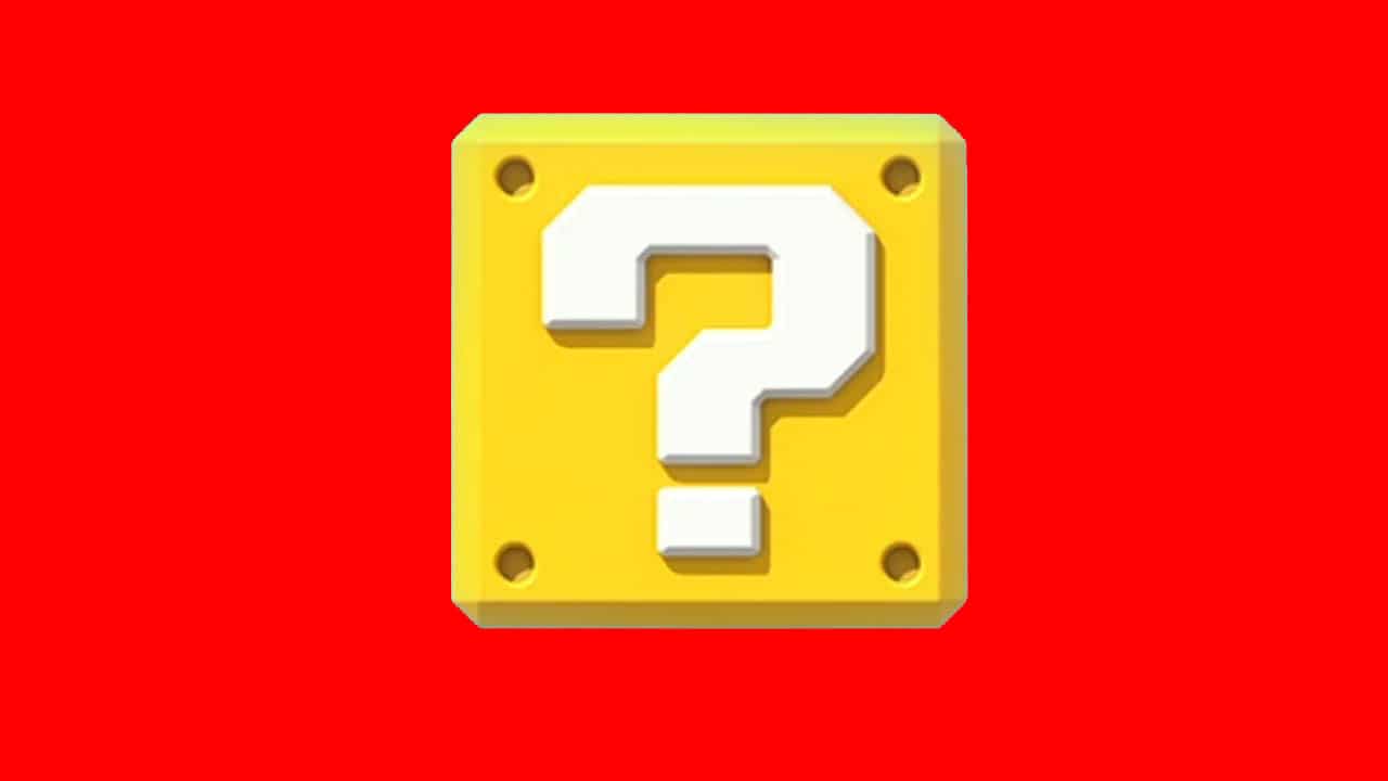 A yellow question mark block against a baby blue background