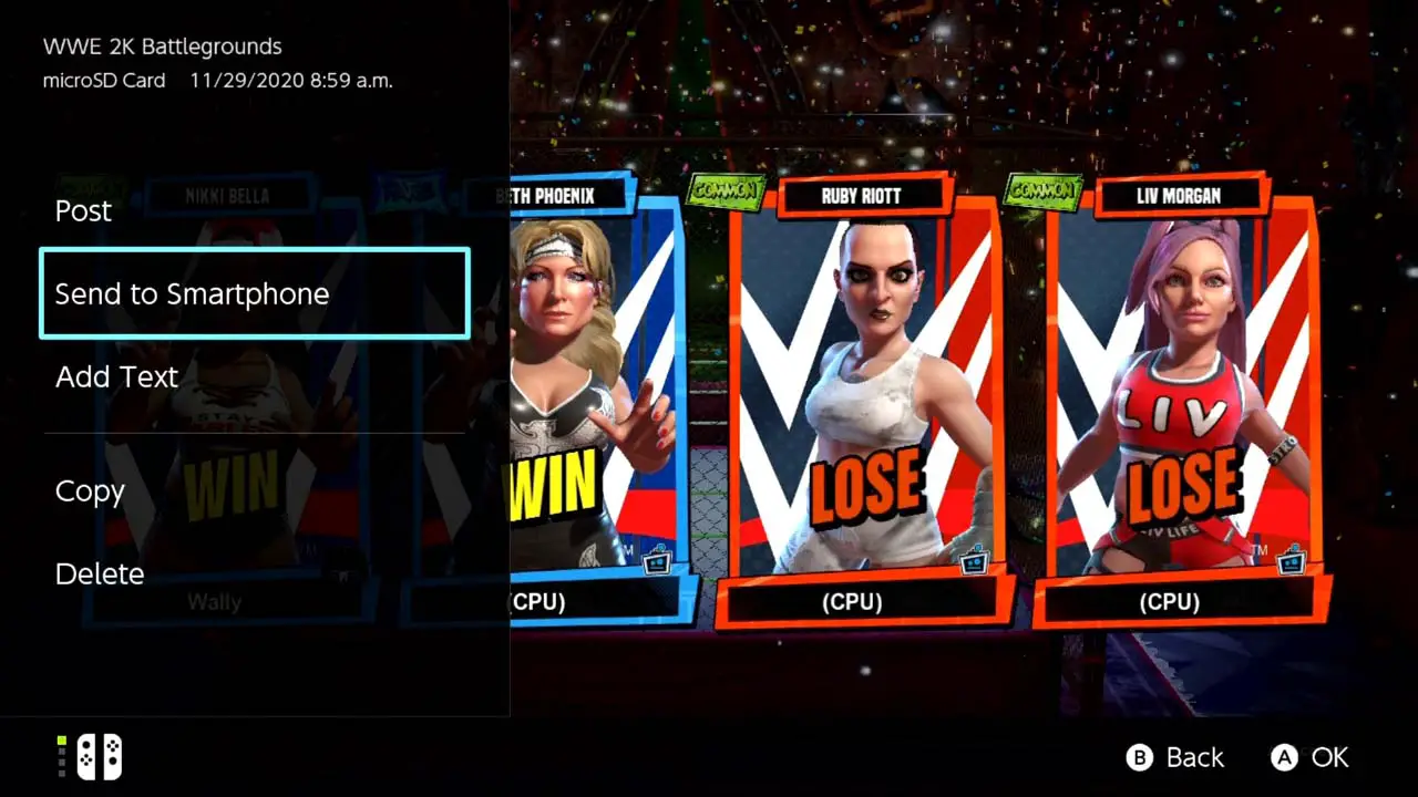 Woman wrestlers screenshot from WWE 2K Battleground with an on screen menu overlay on the left