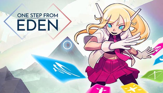 A happy blonde cartoon woman throwing colored cards at the viewer' One Step From Eden logo in the top left corner
