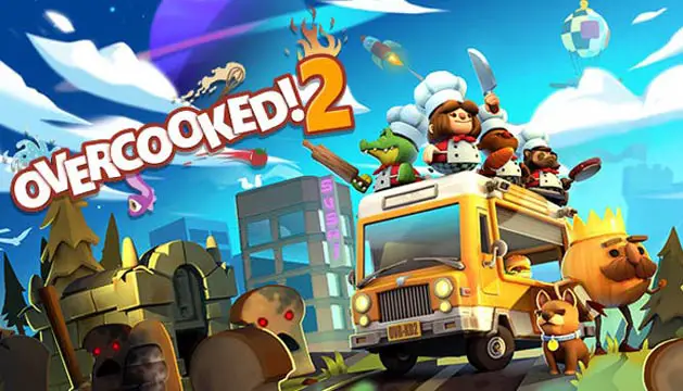 Cartoon chefs in chefs outfits standing atop a yellow food truck with angry bread around it; Overcooked 2 logo to the left of the art