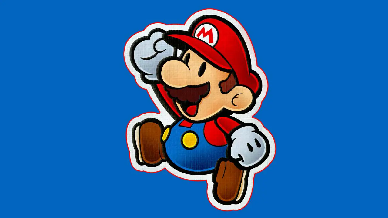 Paper Mario jumping against a blue background