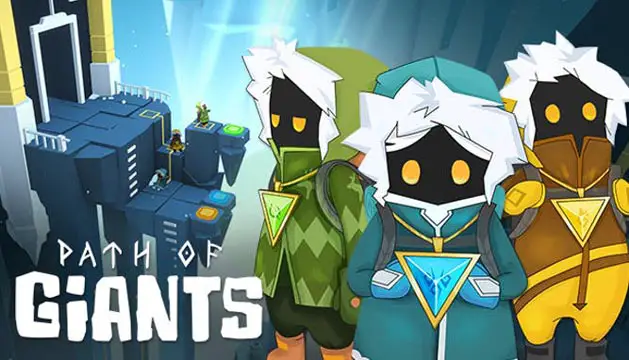 Three characters wearing snow clothes in front of a background of ice and platforms; Path of Giants logo at the bottom left corner