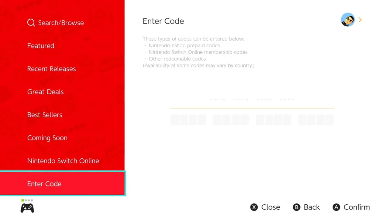 Nintendo eShop code redemption screen with a list of shop features listed to the left and an enter code field on the right