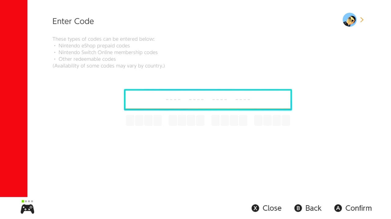 Nintendo eShop code redemption screen with an enter code field on the right