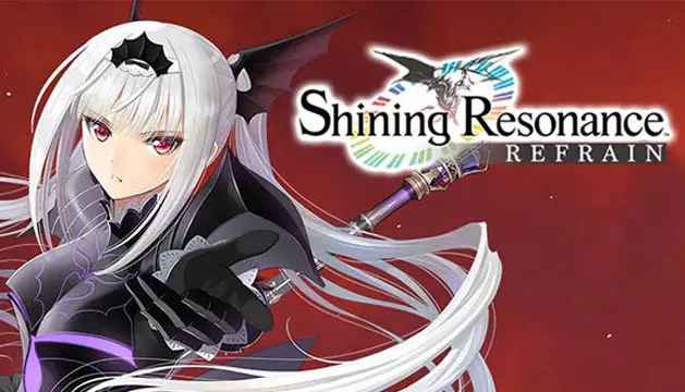 A woman wearing black clothes with her hand stretched out to the viewer against a red background; Shining Resonance Refrain logo to the right of her