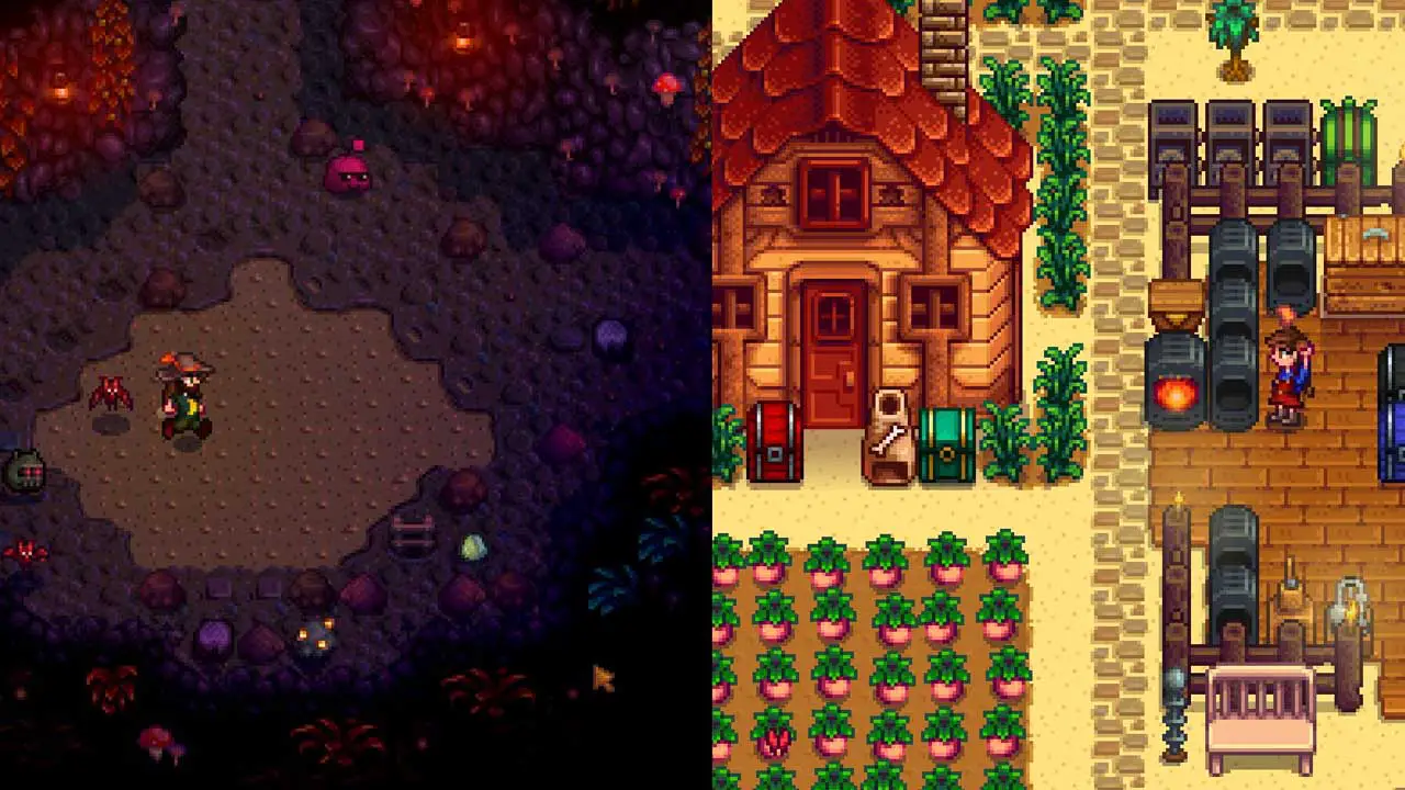 A splitscreen with a person in the caves on the left and a person on the farm on the right