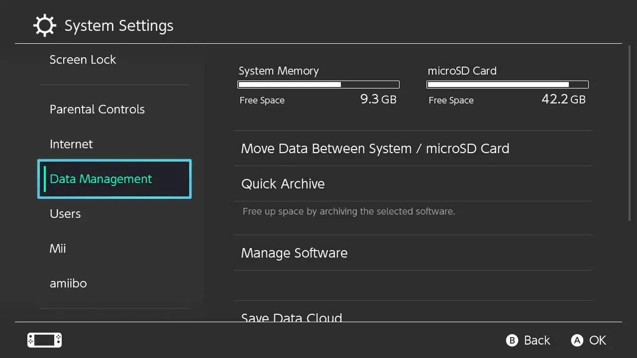 Gray screen with white text; Switch Data Management screen with two columns of options