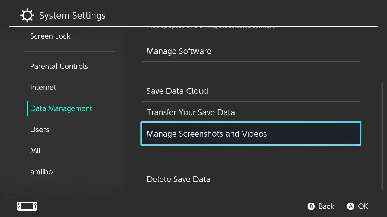 Gray screen with white text; Switch Data Management screen with two columns of options