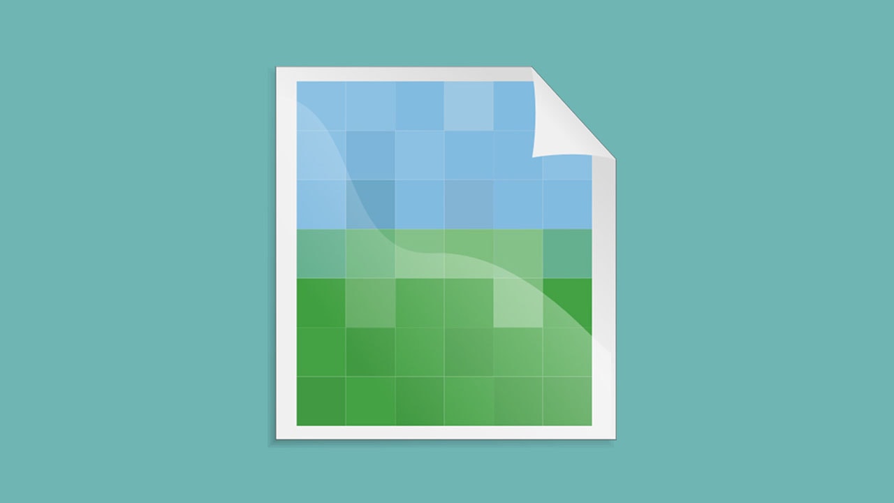 A pixelated square image icon at teh center of a teal background
