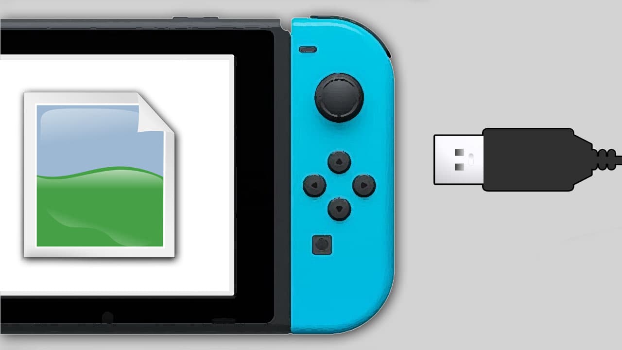 Half of a Nintendo switch with a photo icon on the screen next t o a usb plug