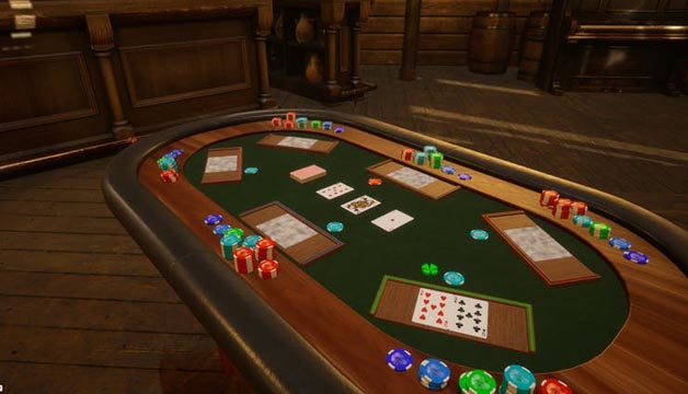 A card table topped with cards and poker chips