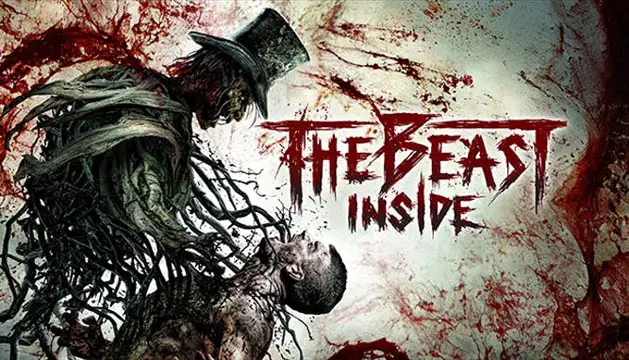 An undead being in a top hat putting tendrils into a man's mouth with blood splatters everywhere; The Beast Inside logo to the right written in red