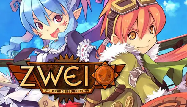 Two young anime characters smiling and looking adventurous; Zwei logo at the bottom left corner