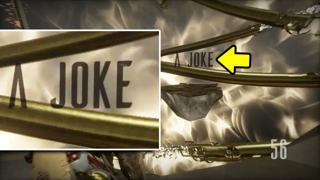 The words "A Joke" up close next to a platform with the words "a joke" hovers over it and a yellow arrow pointing at the platform
