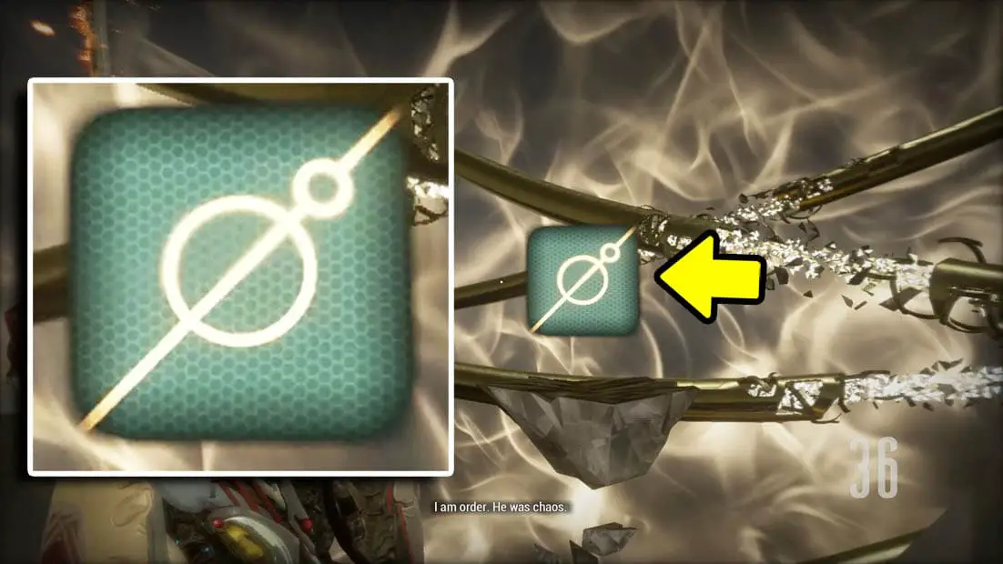A symbol close up next to the symbol with a yellow arrow pointing at it