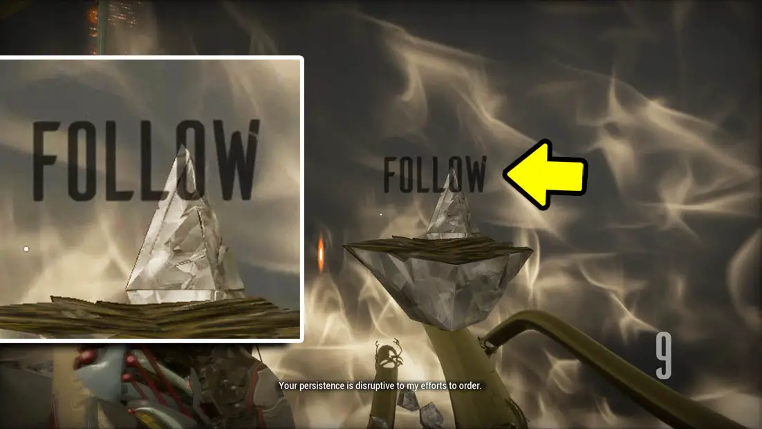 The word "follow" close up next to the word with a yellow arrow pointing at the word