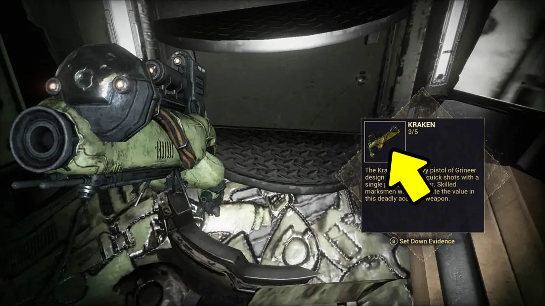 A gun close up next to a text description of it with a yellow arrow pointing at it