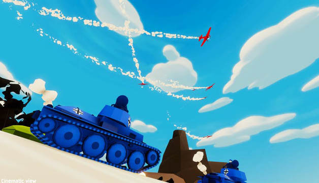 Blue tanks on the sand while red planes fly in the blue sky