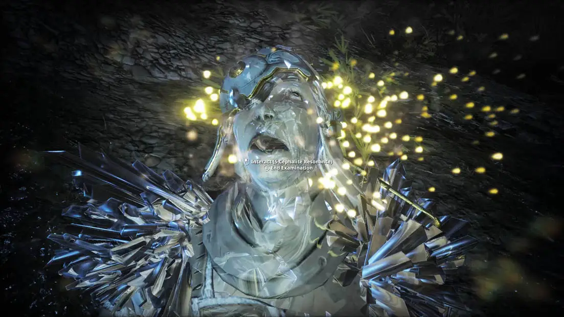 A person frozen with crystals in agony with yellow lights coming from the person's head