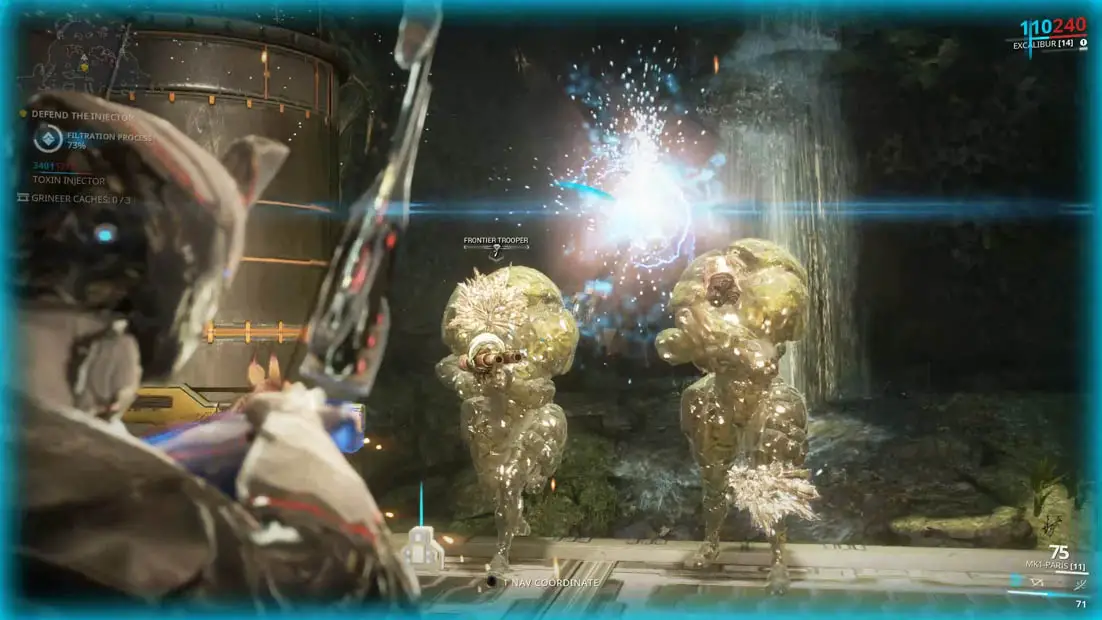 Two soldiers covered in glass next to a portal as a space ninja looks at them