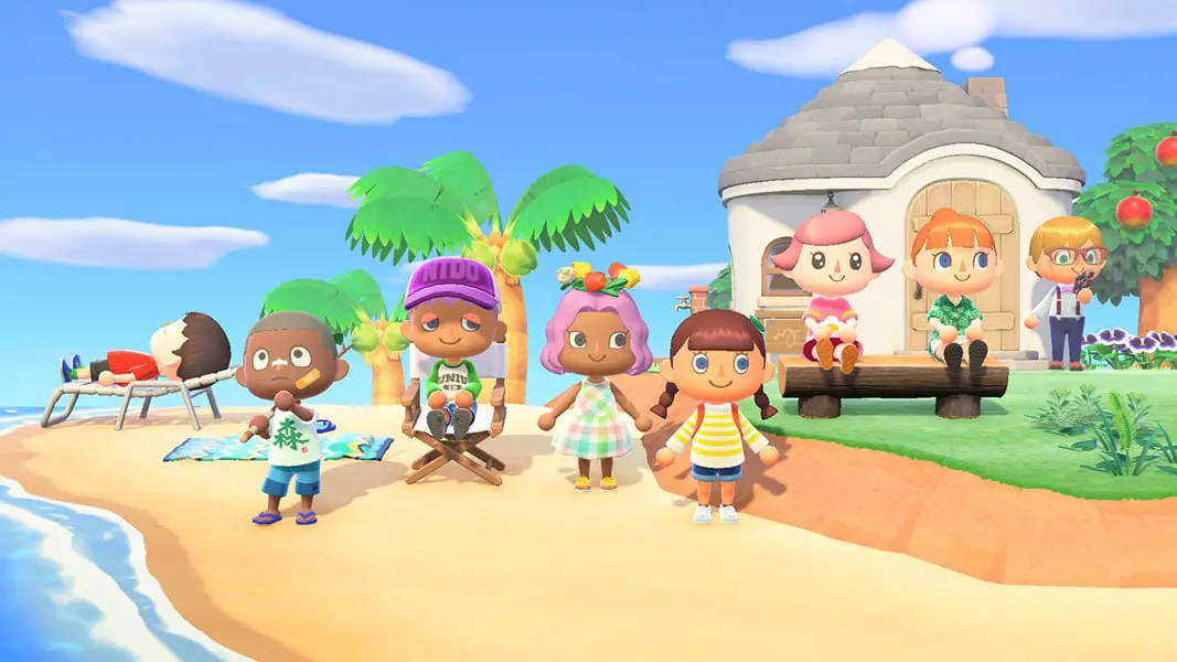 A bunch of Animal Crossing characters in a beach