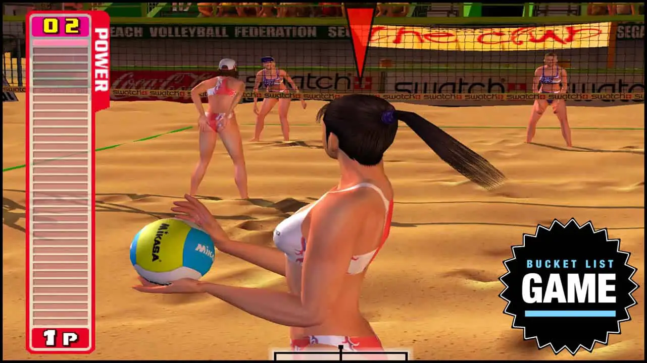 A woman holding a volleyball, about to serve, standing on a volleyball court on sand