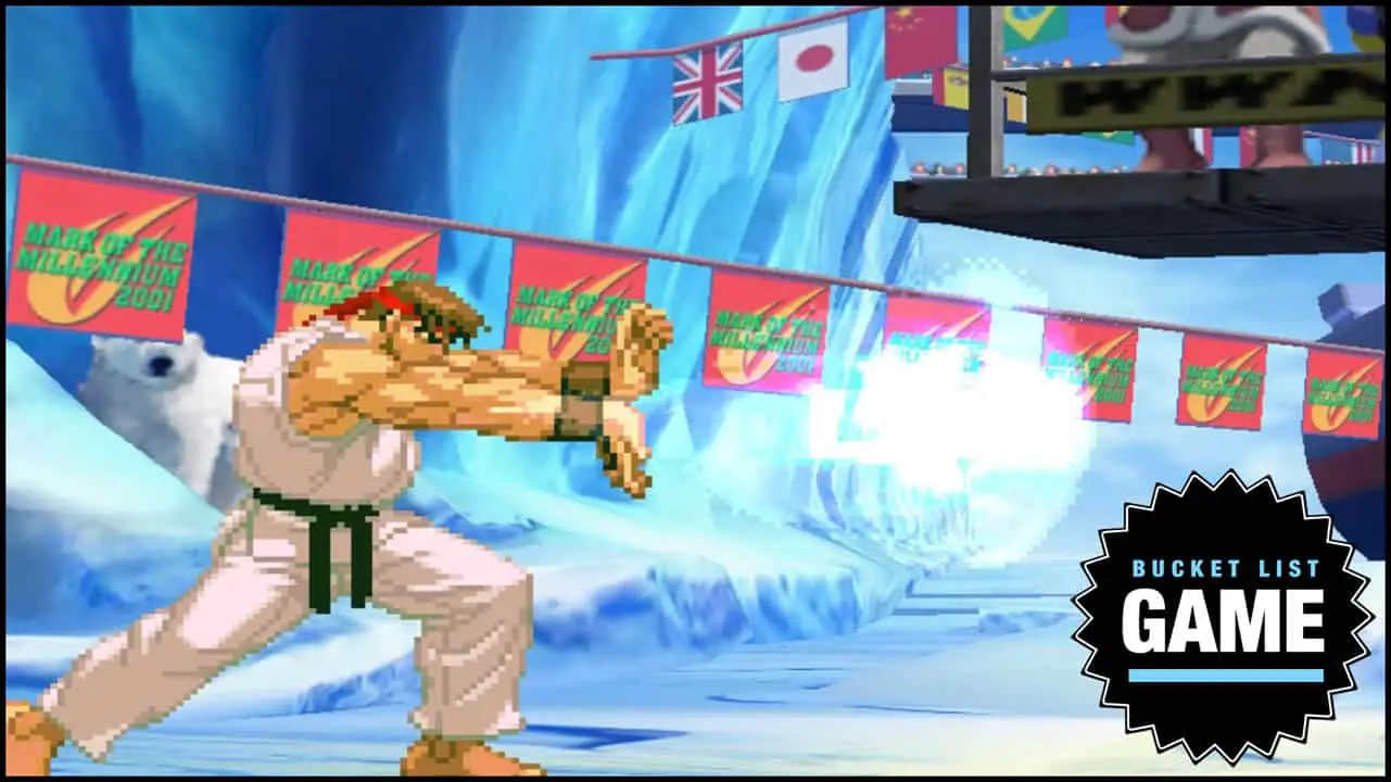Ryu throwing a fireball in a winter area with flags hanging on clotheslines in the background
