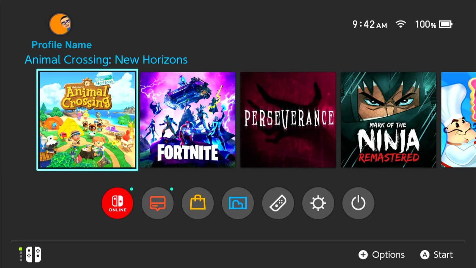 Nintendo Switch Home Menu screen with game icons in the center