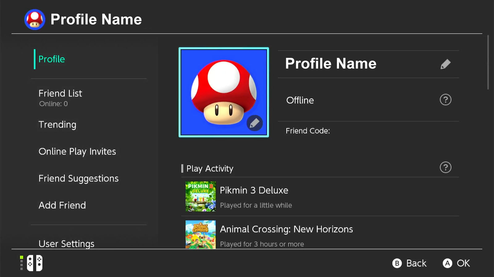 Nintendo Switch profile settings screen with a row of options on the left and the profile picture in to the right