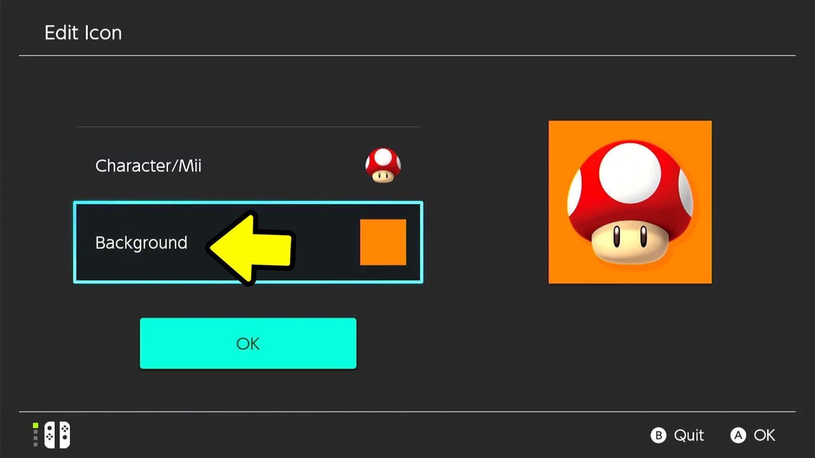 Nintendo Switch edit icon screen with multiple options and a profile picture