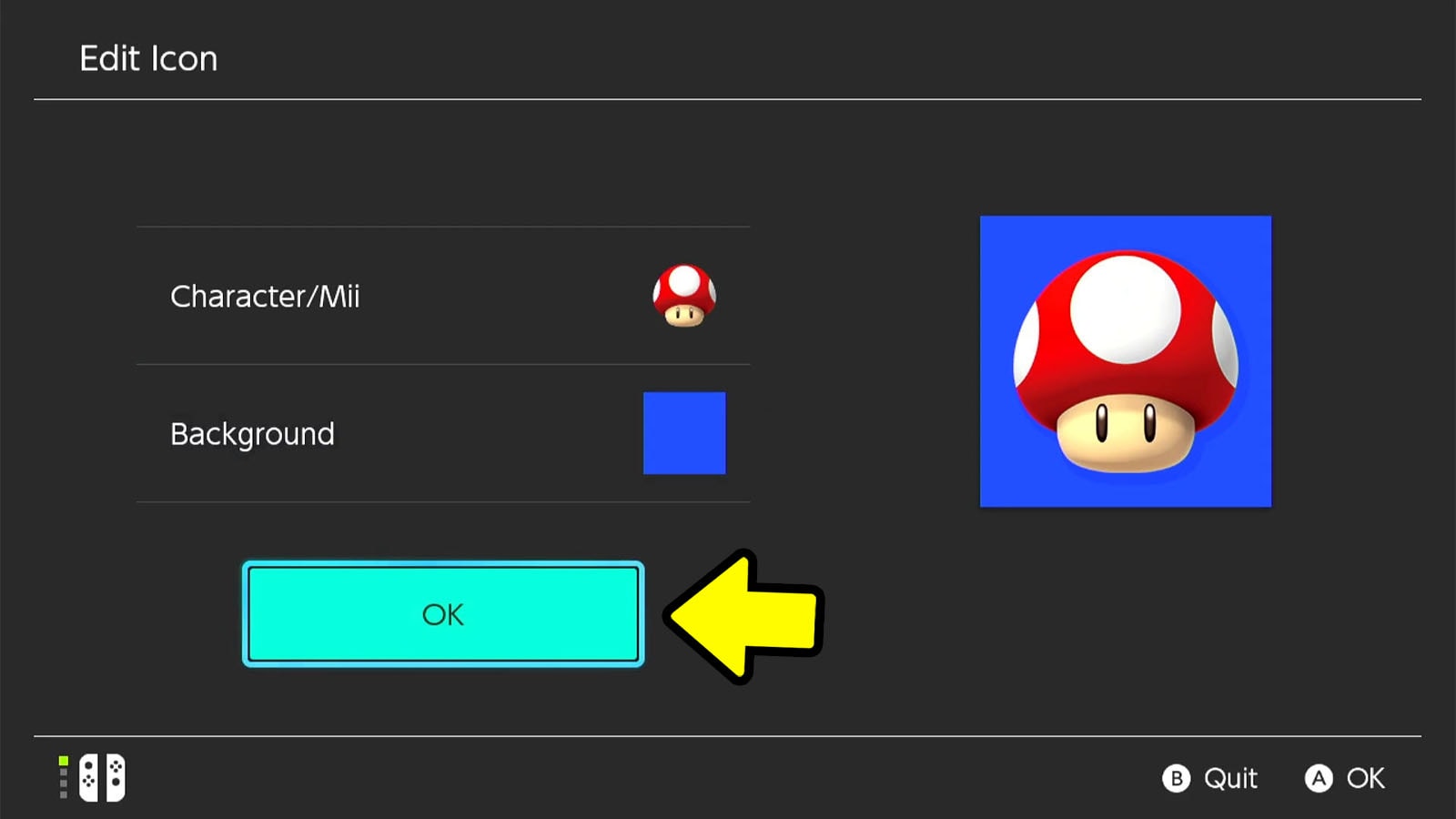 do Switch edit icon screen with multiple options and a profile picture with an arrow pointing at the OK confirm button