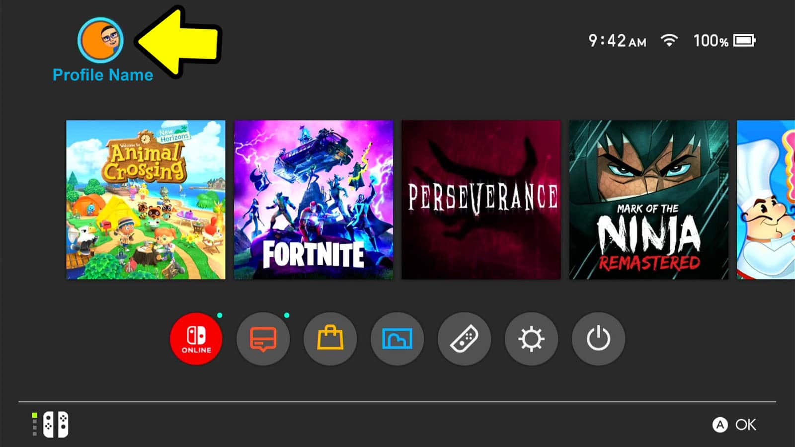 Nintendo Switch Home Menu screen with game icons in the center with a yellow arrow pointing at icons in the tope left corner of the screen