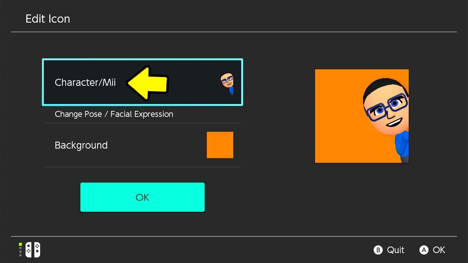 Nintendo Switch edit icon screen with multiple options and a profile picture