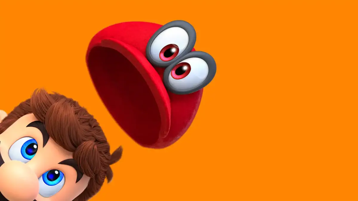 Mario looking up with his cap popping off his head against a orange background