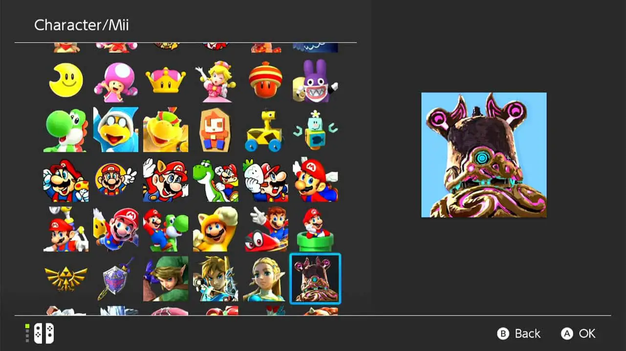 Nintendo Switch icon page full of Nintendo Switch profile icons from various Nintendo series wit ha large image of hte selected icon on the right of the screen and the icon list to the left