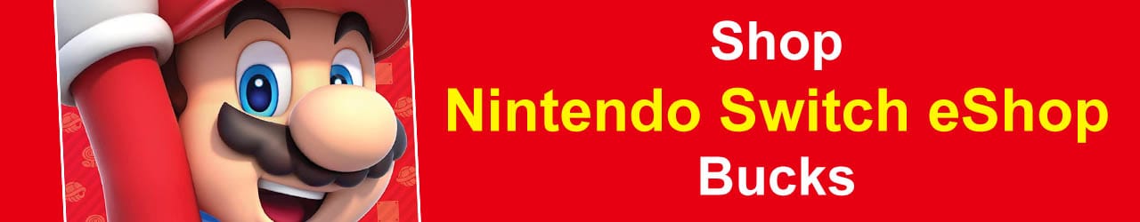Mario next to yellow text on a red background saying, Shop Nintendo Switch eShop Bucks