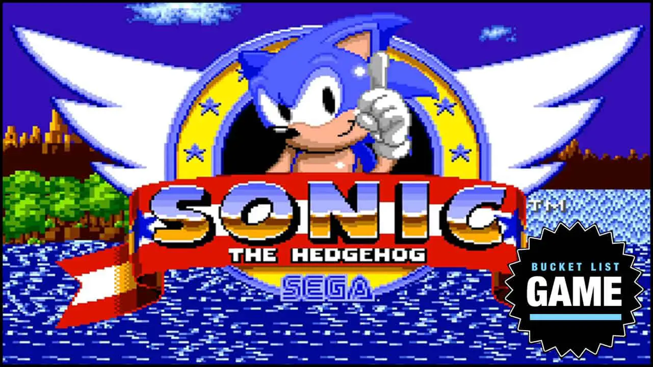 Sonic Title Screen of Sonic the hedghog smiling and waving his finger in front of blue water