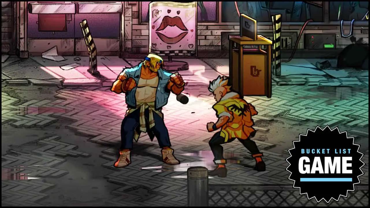 Two men in a dimly lit street illuminated by neon lights prepared to fight each other