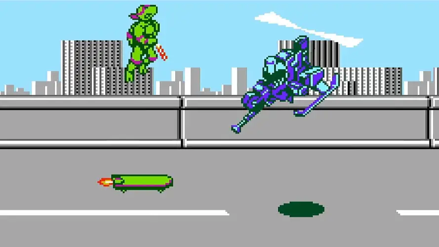 TMNT Donatello jumping up on a roadway next to a helicopter
