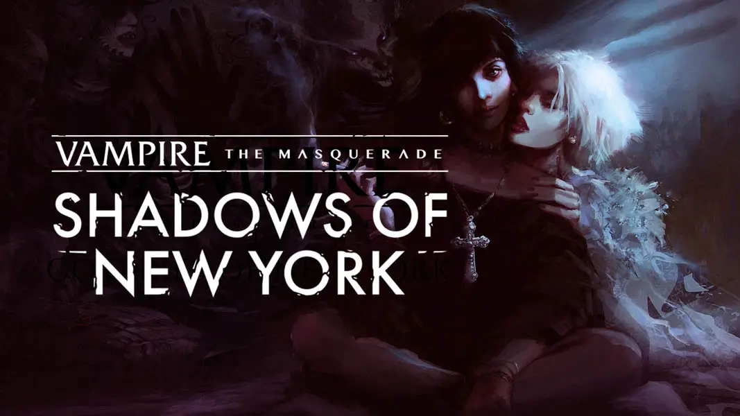 Two vampire women sitting next to each otehr in darkness with little light and a monster lurking behind them in the shadows with the Shadows of New York logo next to them