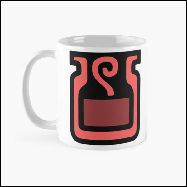 A white mug with a red potion emblem on it