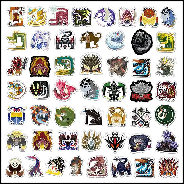 Rows of colorful monster icon stickers from Mosnter Hunter series